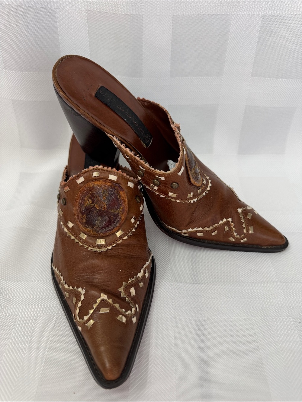 Steven By Steve Madden Brown Leather Pointed-Toe Embroidered Mule Heels